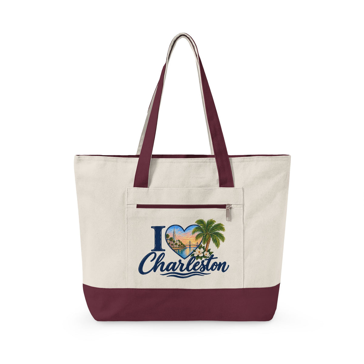 Charleston Heart Canvas Tote - Zippered Beach Palm Travel Bag