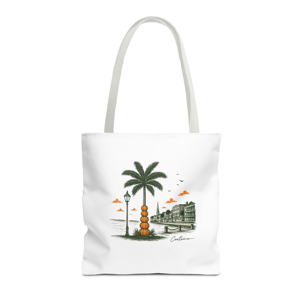 Halloween Palm Beachscape Tote Bag — Coastal City Palm Tree Beach Illustration Tote