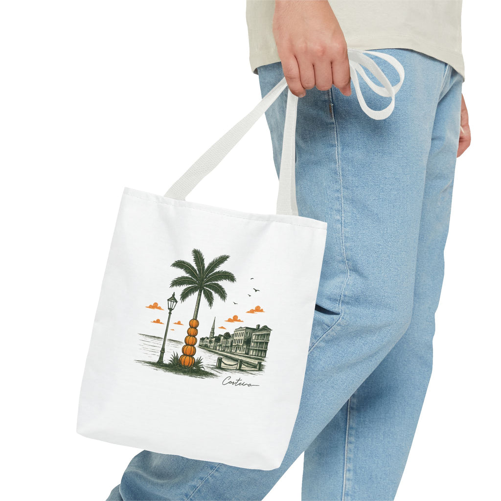 Halloween Palm Beachscape Tote Bag — Coastal City Palm Tree Beach Illustration Tote