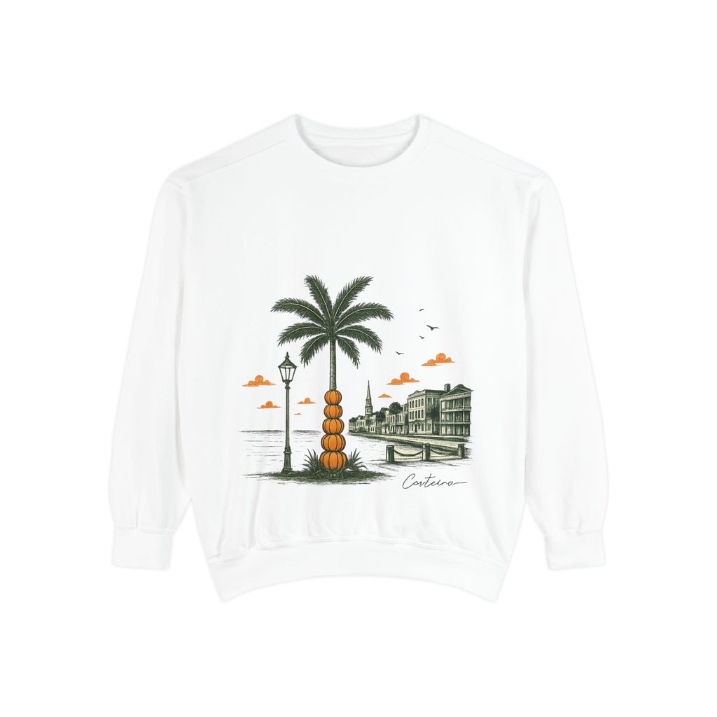 Halloween Coastal Palm & Pier Sweatshirt — Vintage Beach Scene Pullover