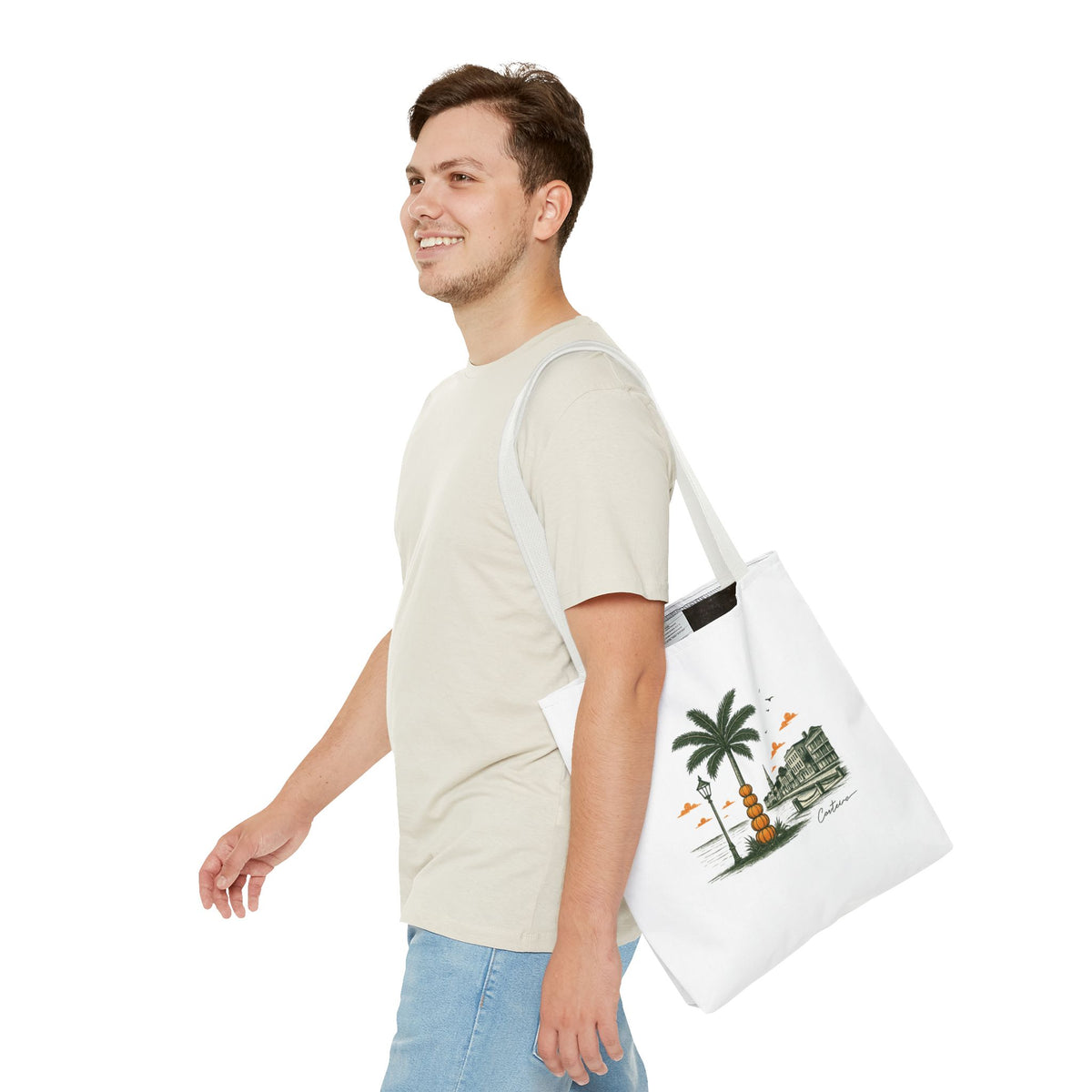 Halloween Palm Beachscape Tote Bag — Coastal City Palm Tree Beach Illustration Tote