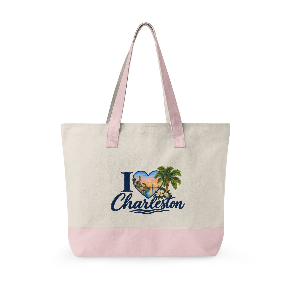 Charleston Heart Canvas Tote - Zippered Beach Palm Travel Bag