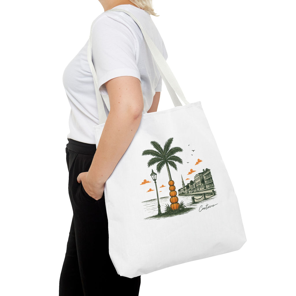 Halloween Palm Beachscape Tote Bag — Coastal City Palm Tree Beach Illustration Tote