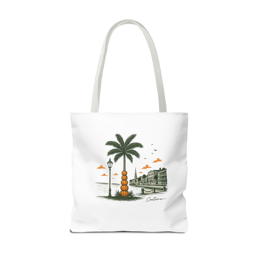 Halloween Palm Beachscape Tote Bag — Coastal City Palm Tree Beach Illustration Tote