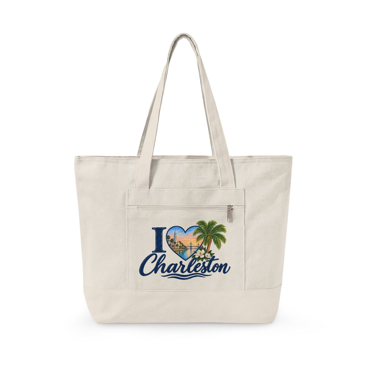 Charleston Heart Canvas Tote - Zippered Beach Palm Travel Bag