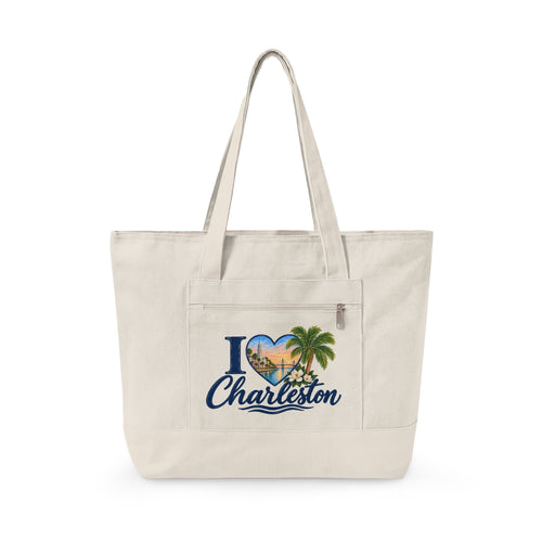 Charleston Heart Canvas Tote - Zippered Beach Palm Travel Bag