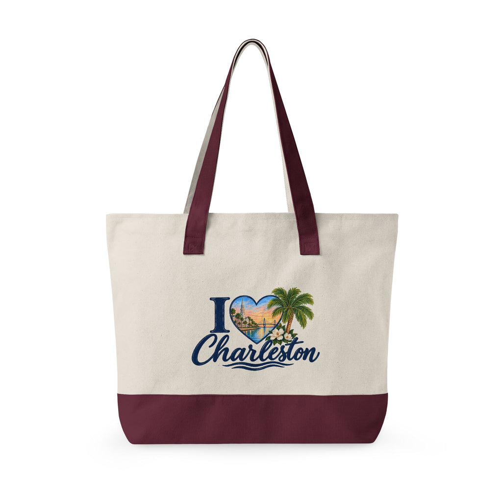 Charleston Heart Canvas Tote - Zippered Beach Palm Travel Bag