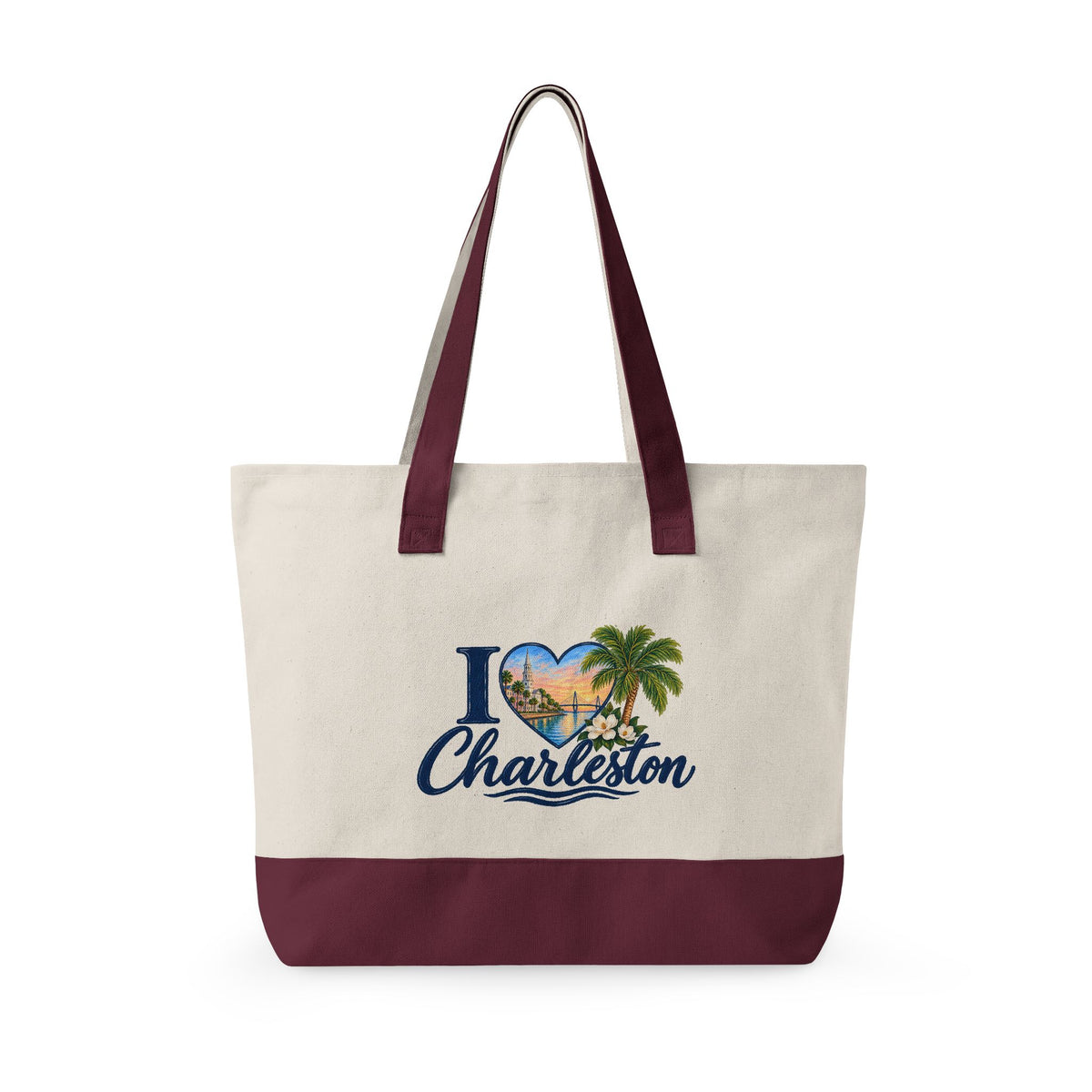 Charleston Heart Canvas Tote - Zippered Beach Palm Travel Bag