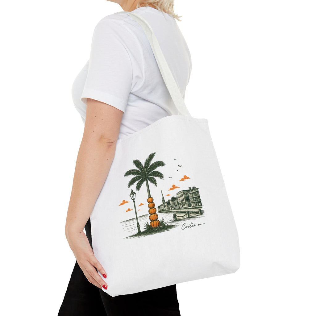Halloween Palm Beachscape Tote Bag — Coastal City Palm Tree Beach Illustration Tote
