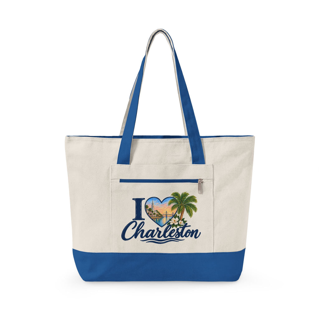 Charleston Heart Canvas Tote - Zippered Beach Palm Travel Bag