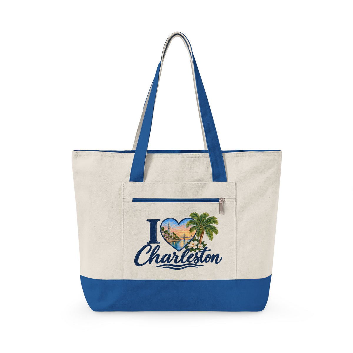 Charleston Heart Canvas Tote - Zippered Beach Palm Travel Bag