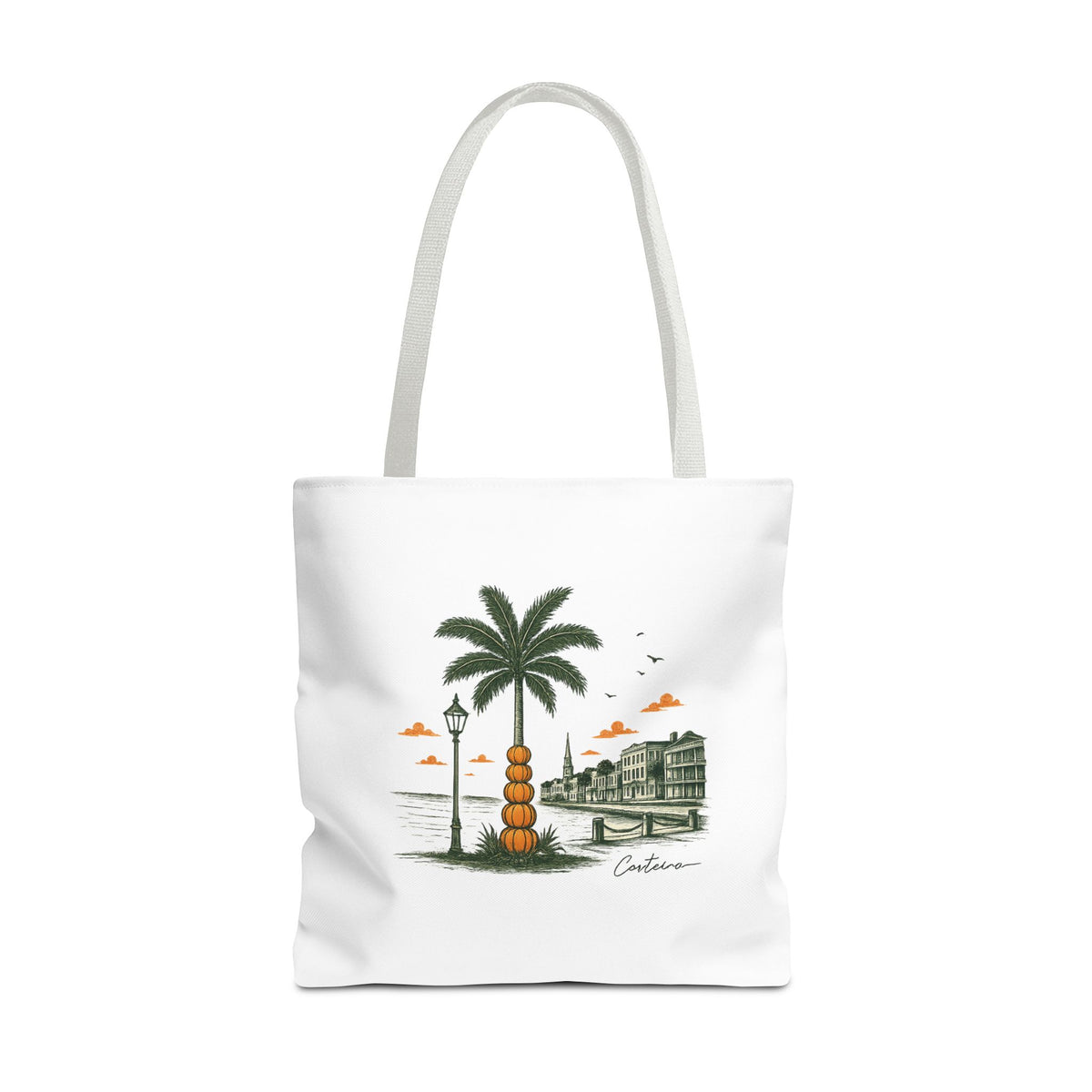 Halloween Palm Beachscape Tote Bag — Coastal City Palm Tree Beach Illustration Tote
