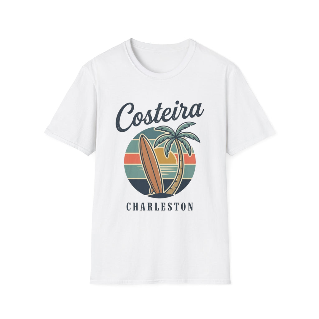 Costeira Charleston Retro Surf T-Shirt — Palm Tree & Surfboard Beach Tee