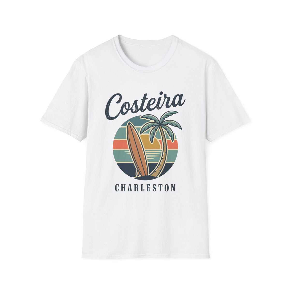 Costeira Charleston Retro Surf T-Shirt — Palm Tree & Surfboard Beach Tee