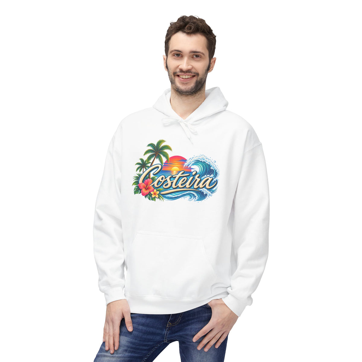 Costeira Tropical Surf Hoodie — Beach Sunset Palm Tree Pullover