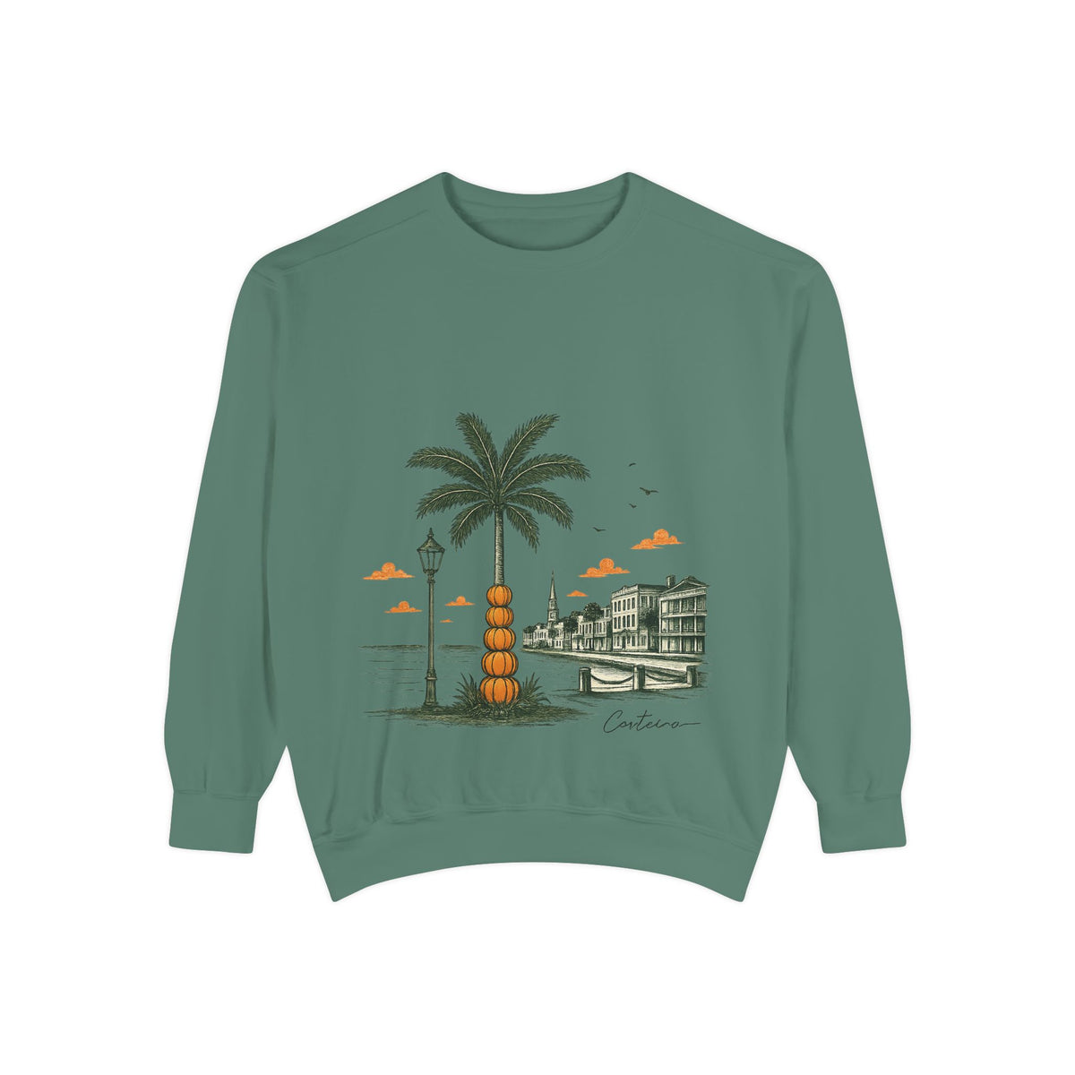 Halloween Coastal Palm & Pier Sweatshirt — Vintage Beach Scene Pullover