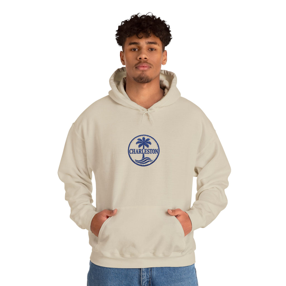 Embroidered Charleston Palm Hoodie - Vintage Beach Logo Sweatshirt