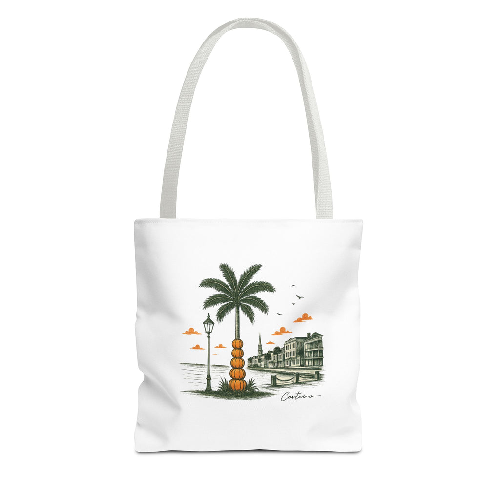Halloween Palm Beachscape Tote Bag — Coastal City Palm Tree Beach Illustration Tote