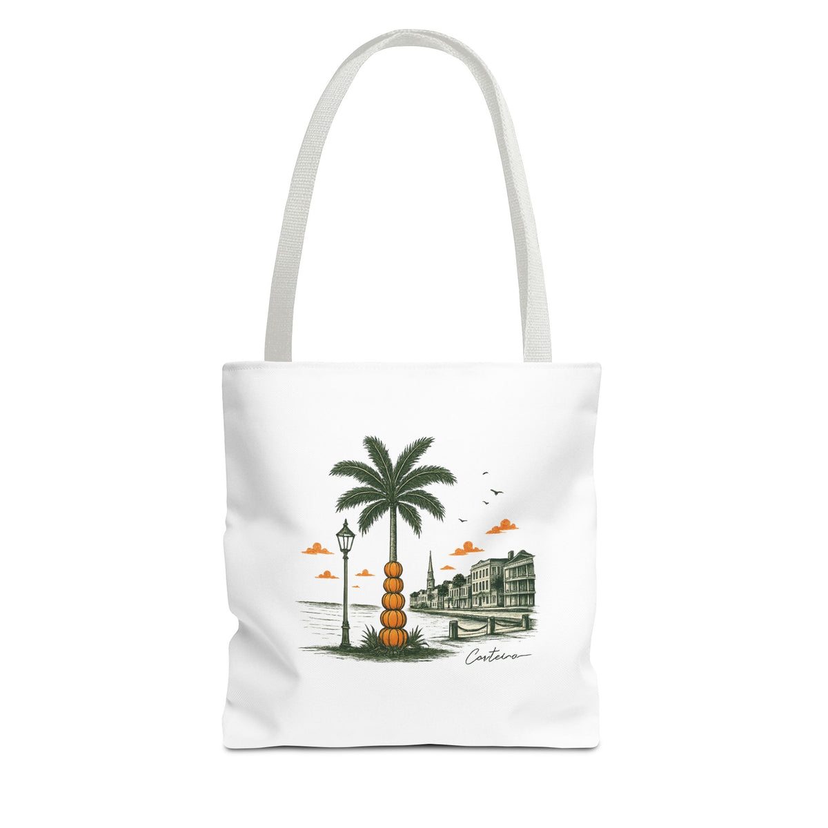 Halloween Palm Beachscape Tote Bag — Coastal City Palm Tree Beach Illustration Tote