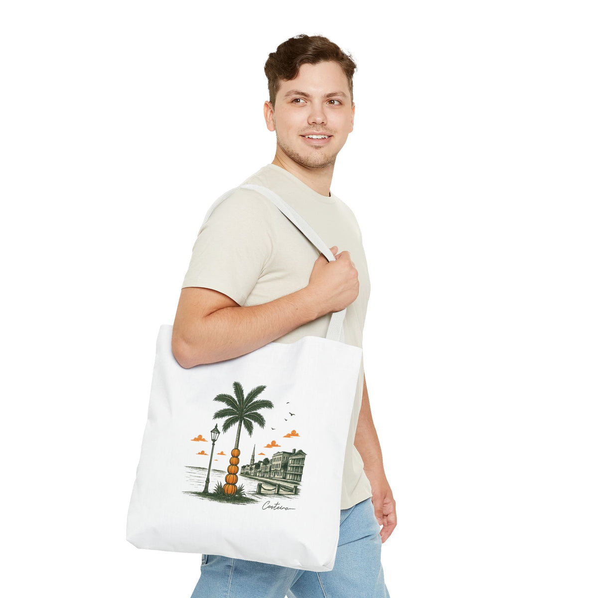 Halloween Palm Beachscape Tote Bag — Coastal City Palm Tree Beach Illustration Tote