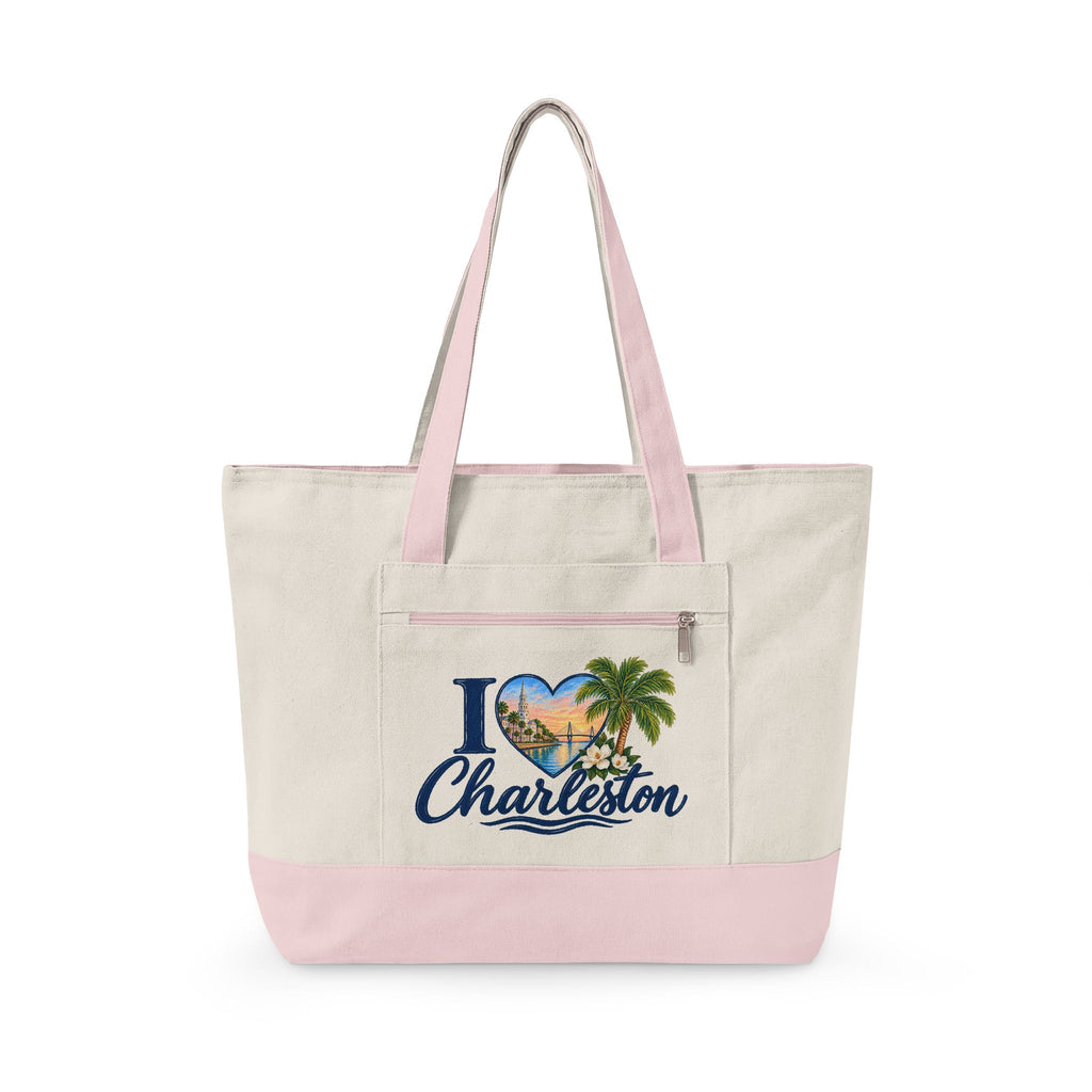 Charleston Heart Canvas Tote - Zippered Beach Palm Travel Bag