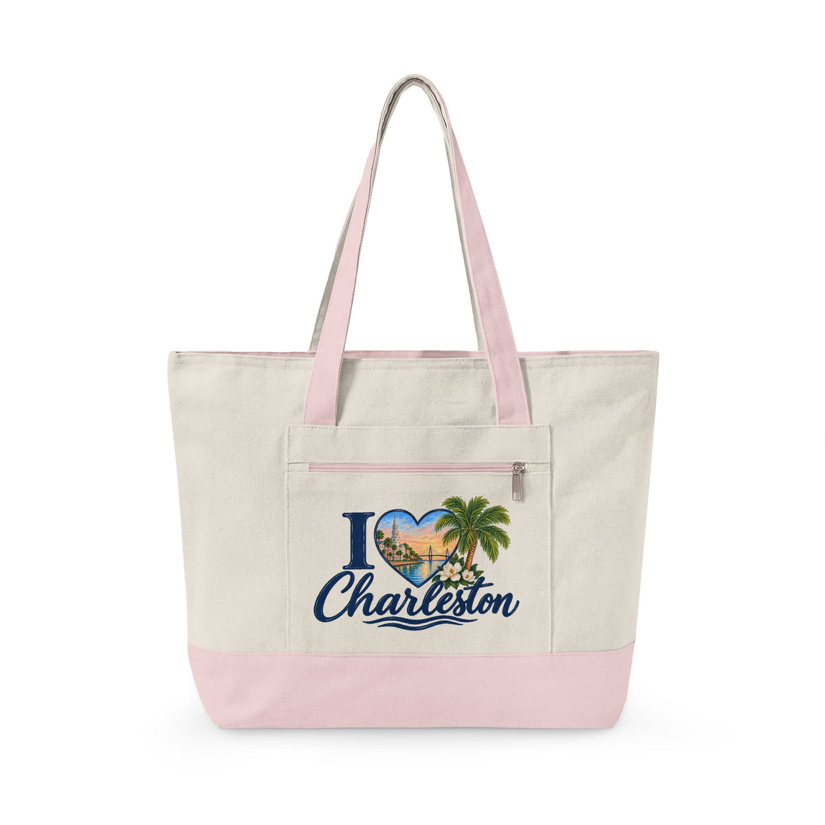Charleston Heart Canvas Tote - Zippered Beach Palm Travel Bag