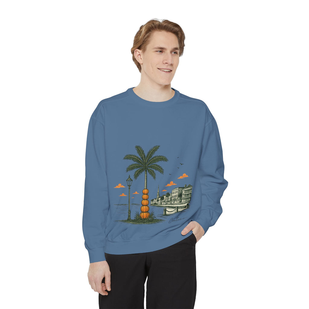 Halloween Coastal Palm & Pier Sweatshirt — Vintage Beach Scene Pullover