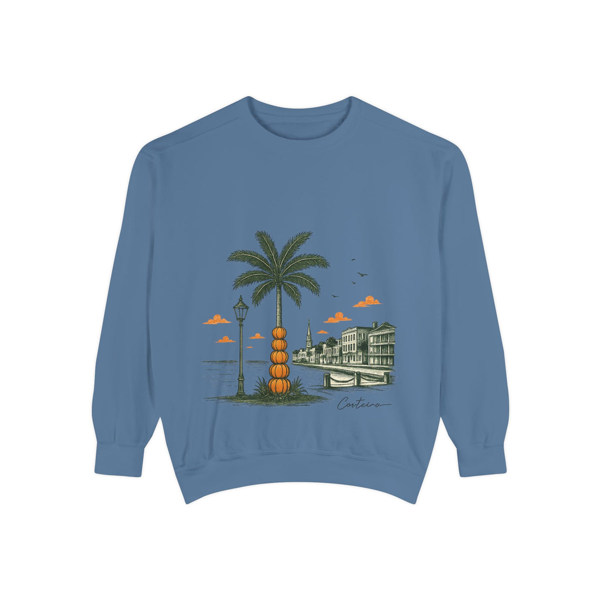 Halloween Coastal Palm & Pier Sweatshirt — Vintage Beach Scene Pullover
