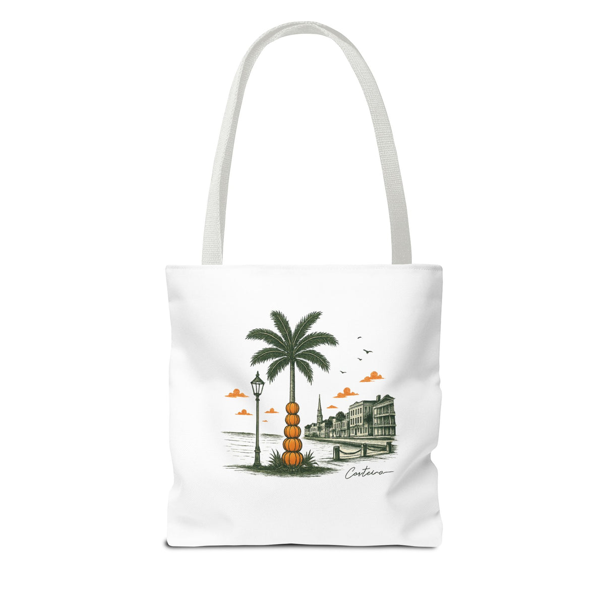 Halloween Palm Beachscape Tote Bag — Coastal City Palm Tree Beach Illustration Tote