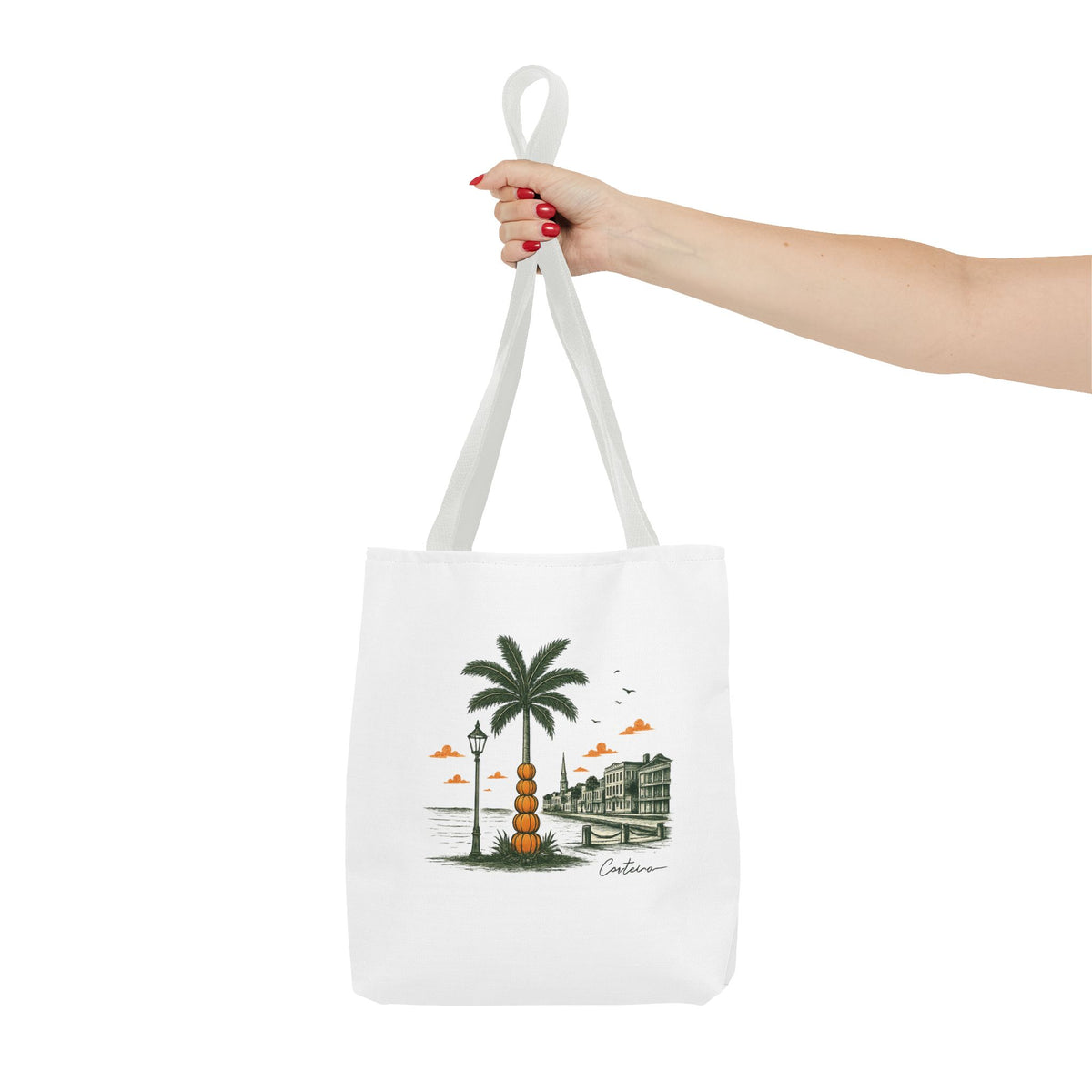 Halloween Palm Beachscape Tote Bag — Coastal City Palm Tree Beach Illustration Tote