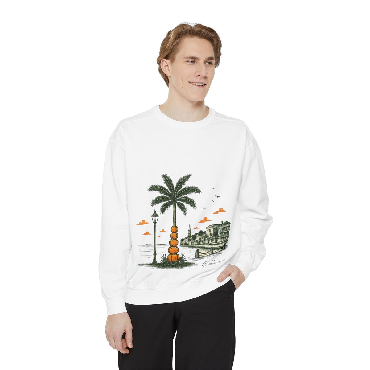 Halloween Coastal Palm & Pier Sweatshirt — Vintage Beach Scene Pullover