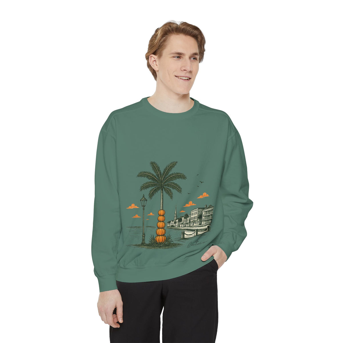 Halloween Coastal Palm & Pier Sweatshirt — Vintage Beach Scene Pullover